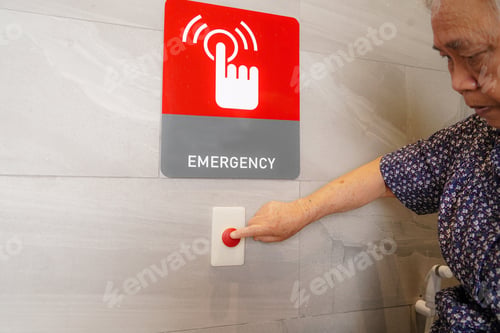 Preview: Asian senior woman patient press emergency button in a special toilet bathroom.