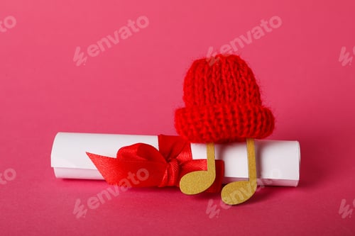 Preview: Note in a warm hat on a pink background.