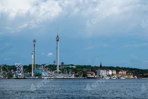 Preview: Amusement Park Grona Lund, Djurgarden Island Stockholm Sweden. View of sightseeing from cruise boat.