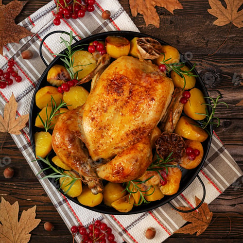 Preview: Roasted chicken with potatoes. Autumn decoration Thanksgiving day. Baked whole chicken.