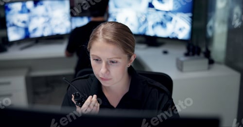 Preview: CCTV, radio and security with woman in control room for law enforcement or surveillance. Communicat