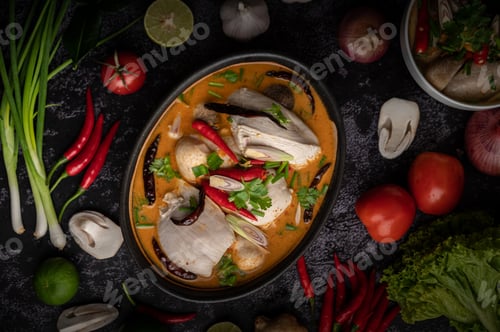 Preview: Tom yum chicken with chili, coriander, dried chili, kaffir lime leaves, mushroom and lemongrass.