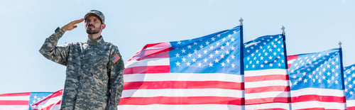 Preview: panoramic shot of patriotic soldier in military uniform giving salute near american flags with stars