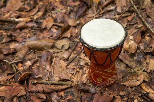 Preview: djembe drum on the ground with dry leaves around