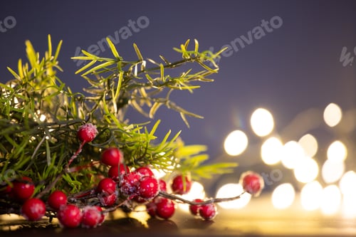 Preview: Christmas decorations with fir branch in magic holiday light.