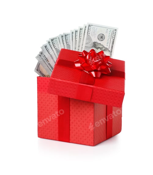 Preview: Gift box with dollar banknotes isolated on white
