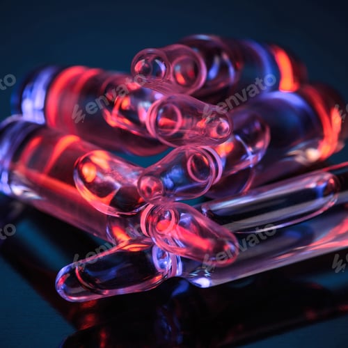 Preview: close up of transparent glass ampoules with red light reflection on table
