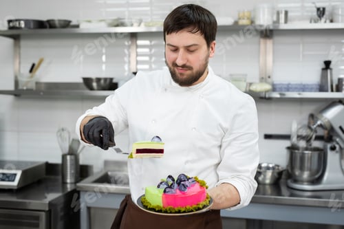 Preview: Male pastry chef holds a cut mousse cake in his hands.