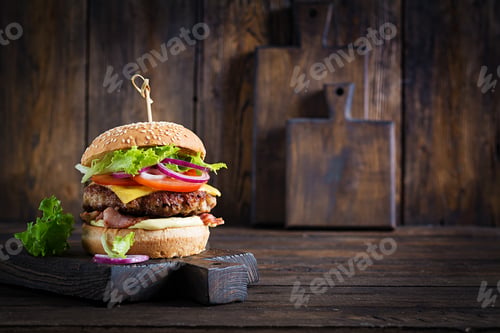 Preview: Hamburger with bacon, turkey burger meat, cheese, tomato and lettuce