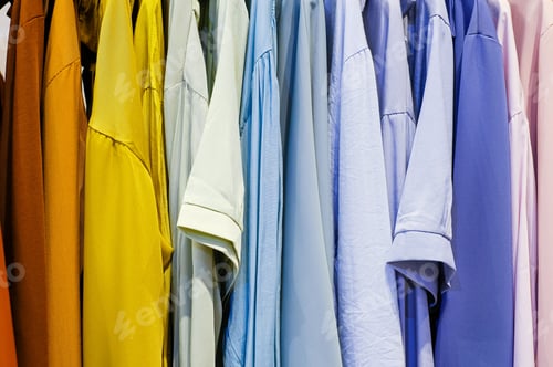 Preview: Fashionable clothes on a hanger. close - up of clothes in the store rainbow color.