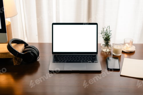 Preview: Laptop with blank screen on wooden table