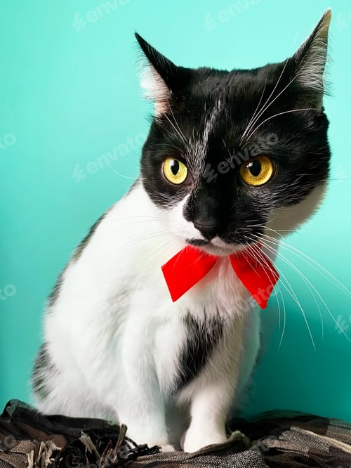Preview: Cute cat with yellow eyes and red festive tie on blue pastel monochrome background