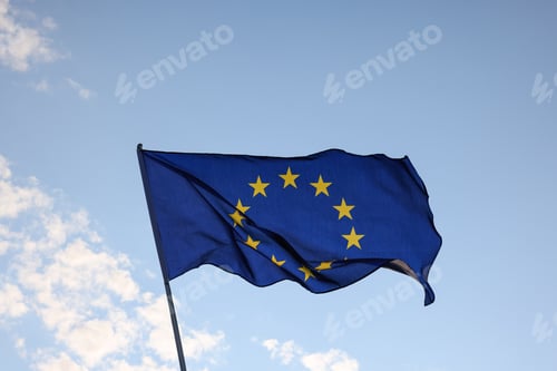 Preview: European Union EU flag waving in clear blue sky