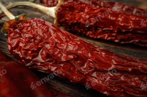 Preview: Macro dried red chili pepper on wooden background