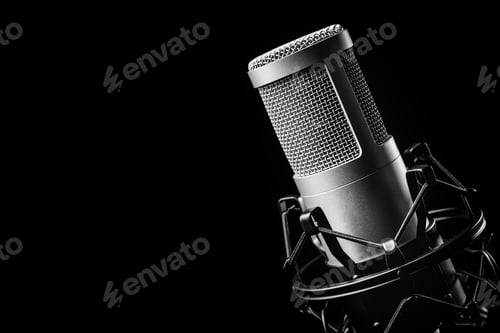 Preview: Studio microphone on the black background. Copy space.