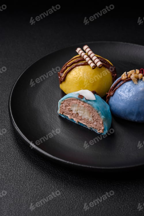 Preview: Delicious sweet colorful mochi desserts or ice cream with rice dough and toppings