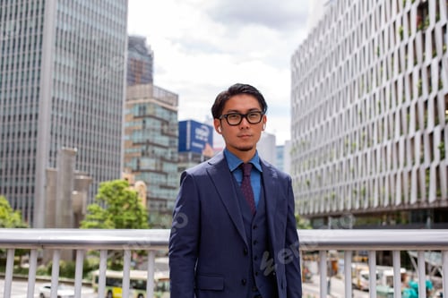Preview: A young businessman in a blue jacket, shirt and tie, standing on a downtown walkway.