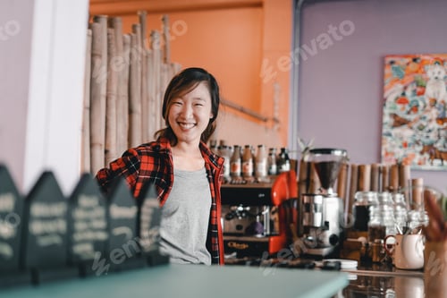 Preview: friendly young asian woman in a checkered shirt and gray t-shirt looking at camera and smiling
