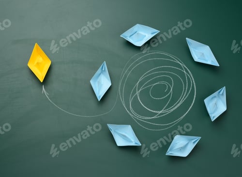 Preview: Group of boats is floating in a circle, one yellow one has escaped from the trajectory