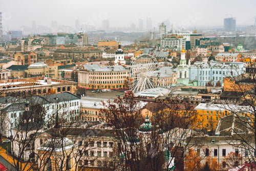 Preview: Aerial top view of Podil district , Kiev city, Kyiv cityscape, capital of Ukraine