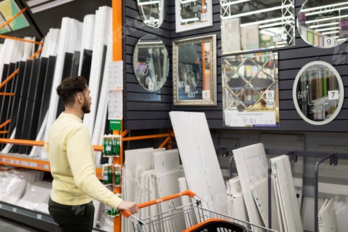 Preview: a buyer in a construction hypermarket chooses a mirror for his apartment