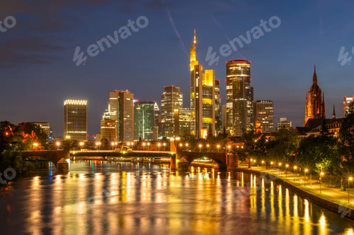 Preview: Frankfurt am Main Downtown City Skyline at Night. Hesse, Germany
