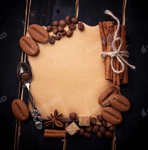 Preview: Coffee, sugar, cinnamon, cookies and vintage paper