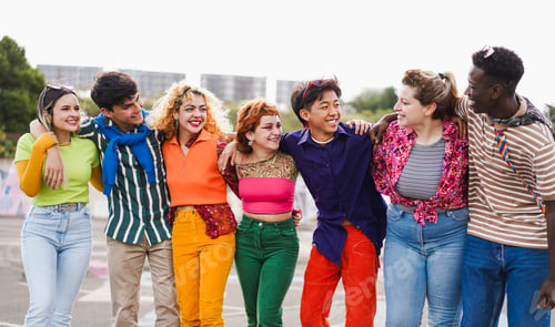 Preview: Group of young diverse people having fun outdoor laughing together
