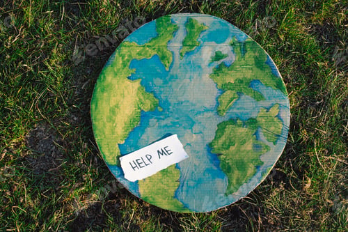 Preview: Painted planet earth lies in the garden. Protection and love of earth