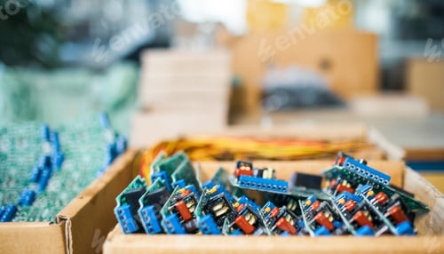 Preview: Close-up electric green embedded microcircuits in production
