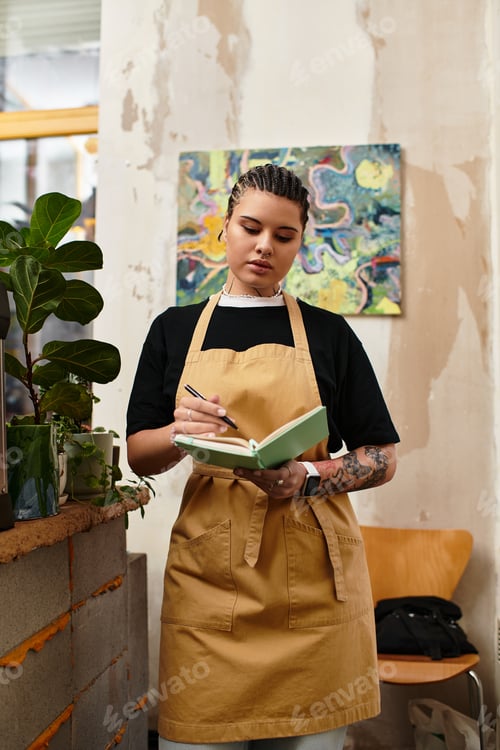 Preview: Creative young woman taking notes in a cozy cafe while embracing her artistic vibe