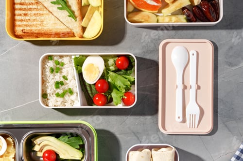 Preview: Containers with healthy food on gray background top view.