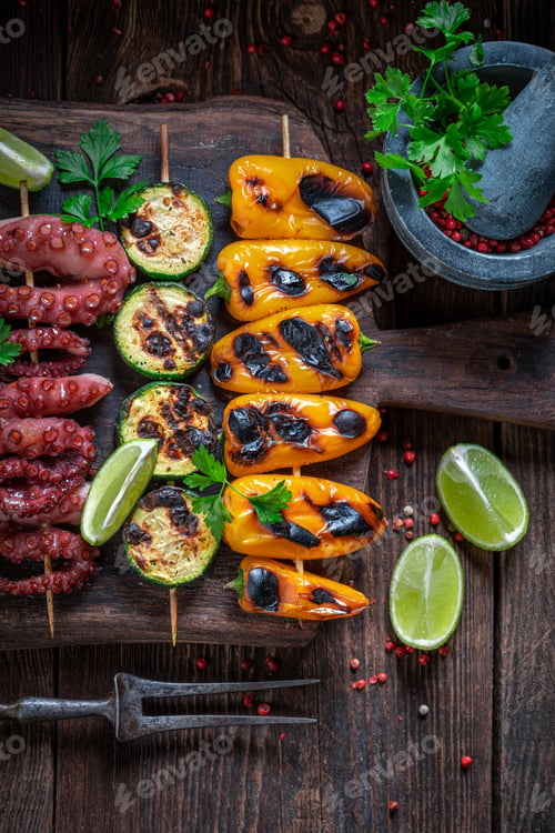 Preview: Healthy grilled skewer as food for vegetarian barbecue.