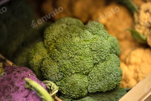 Preview: Display of fresh ripe organic broccoli at the weekend farmer's market