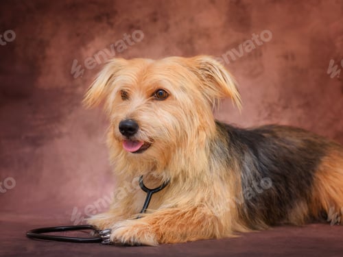 Preview: Portrait of a brown mixed breed dog with a stethoscope, veterinary clinic, dog treatment, studio pho