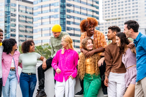 Preview: Happy playful multiethnic group of young friends bonding outdoors