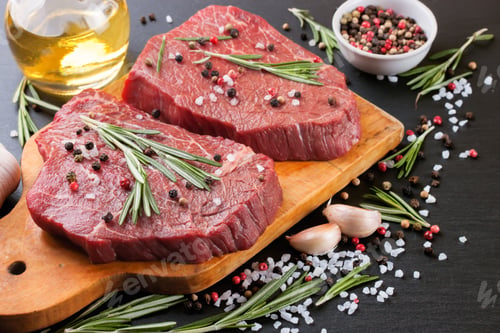 Preview: raw beef steak with spice