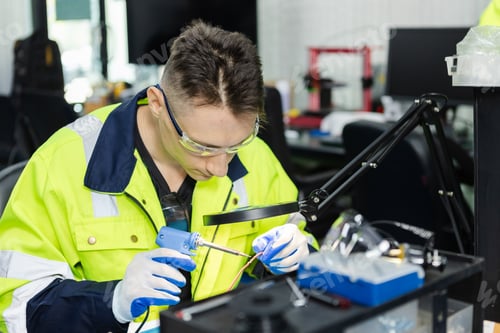 Preview: man electrical engineer using solder repairing instrument cable microchip board.