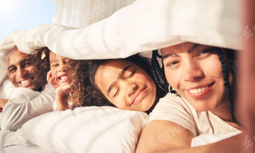 Preview: Happy family, bed and selfie in home bedroom while together in morning for portrait. African woman,