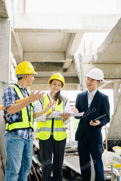 Preview: Contractor and architect looking at plan, tablet, laptop and talking about working on big project.