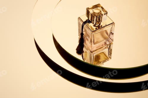 Preview: High angle view of luxury perfume bottle on round mirror surface with reflection