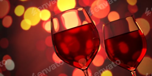 Preview: Red wine glasses against christmas lights bokeh background. 3d illustration