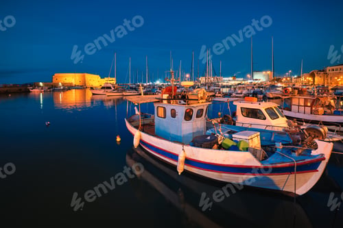 Preview: Venetian Fort in Heraklion and moored fishing boats, Crete Island, Greece