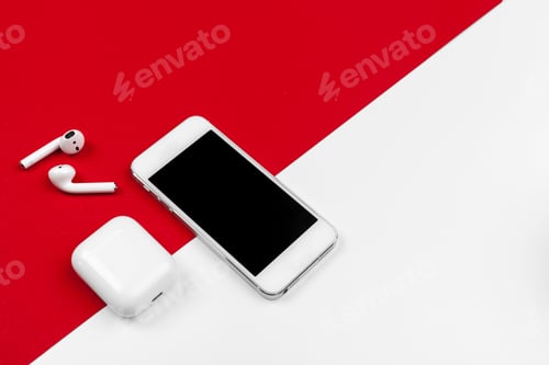 Preview: Mock up with copy space with smartphone on bright red background