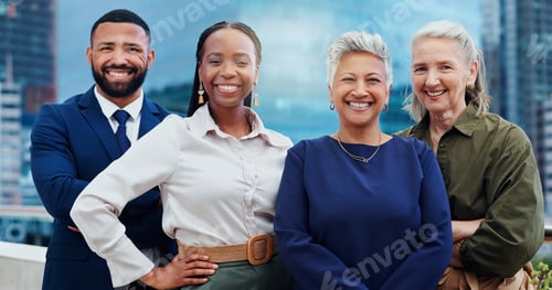 Preview: Business people, team and face or happy in city for corporate career, support and trust outdoor at