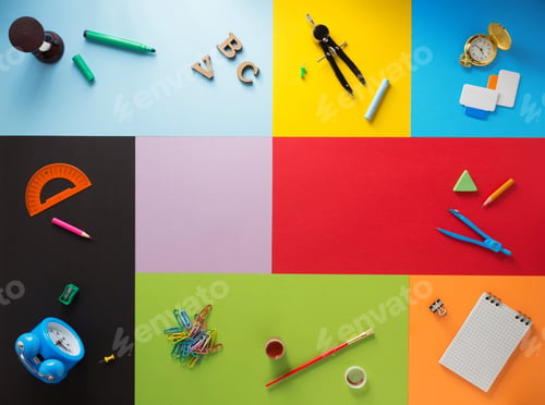 Preview: school supplies at abstract colorful background