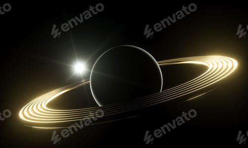 Preview: Bright luminous planet with rings on the outer space. Science fiction concept.
