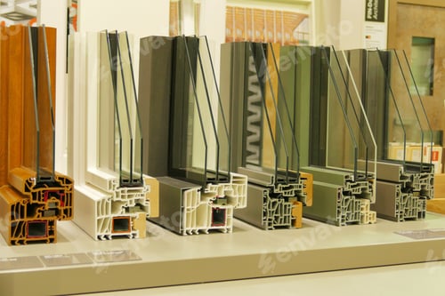 Preview: Row of colorful window frames for thermo-acoustic insulation with double and triple glazing