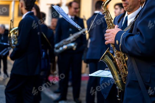 Preview: Wind instrument music band making music on the street.