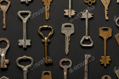 Preview: top view of vintage rusty keys on black background